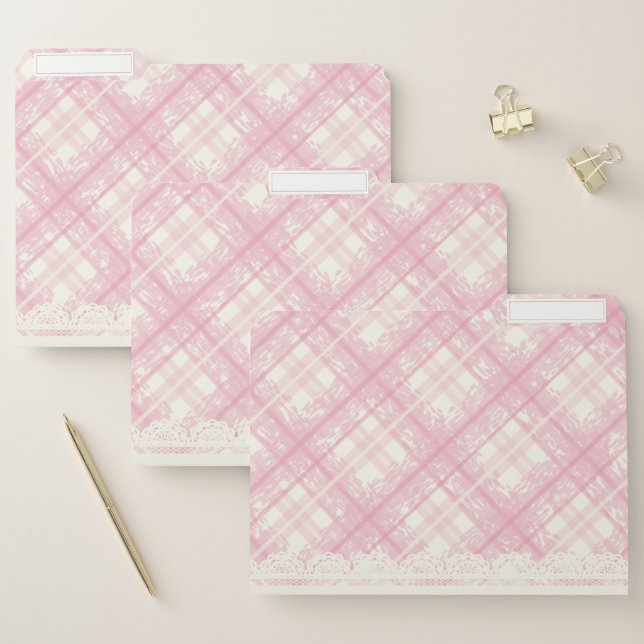 Kawaii Pastel Pink Plaid File Folder Set (Set)