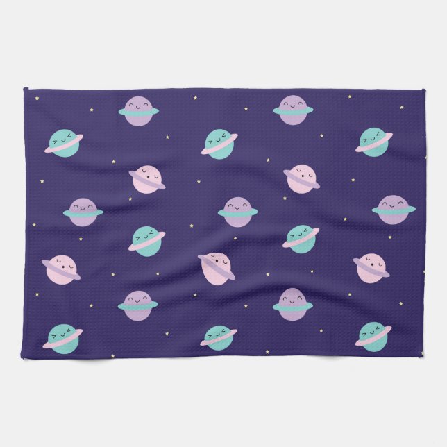 Kawaii Pastel Planets Kitchen Towel (Horizontal)