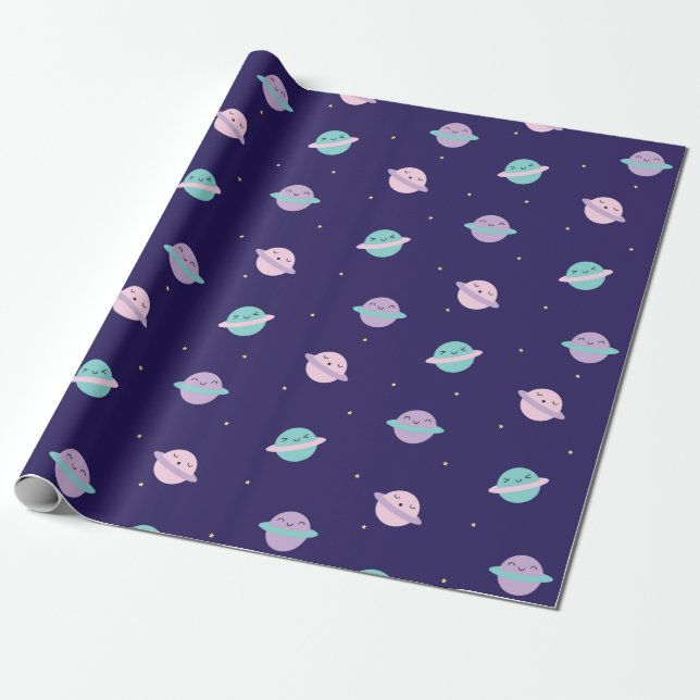 Kawaii Pastel Planets Wrapping Paper (Unrolled)