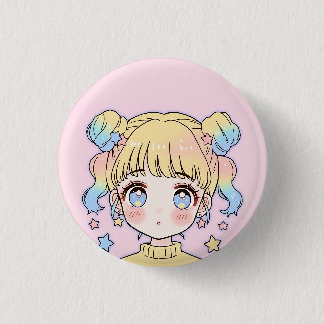 Kawaii Pastel Star Girl Portrait Button (Front)