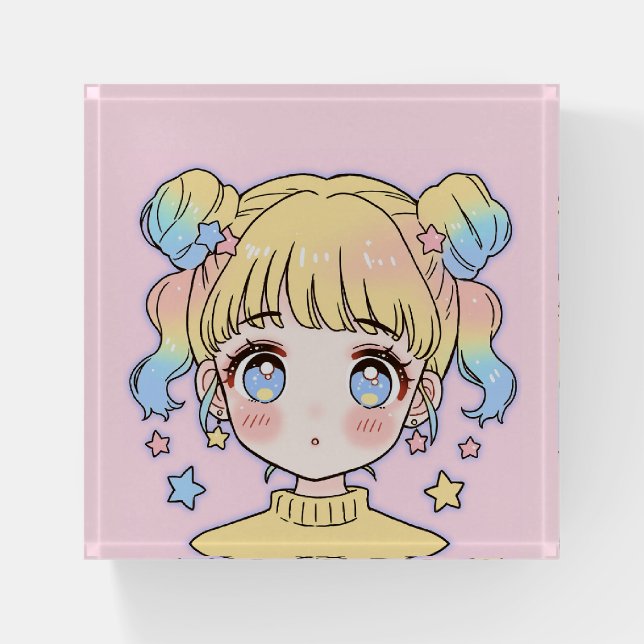 Kawaii Pastel Star Girl Portrait Paperweight (Front)