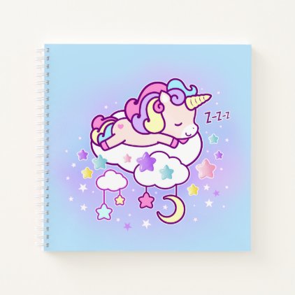 Kawaii pastel unicorn with cute clouds stars moon notebook