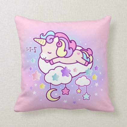 Kawaii pastel unicorn with cute clouds stars moon throw pillow