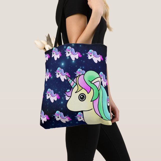 Kawaii Pastel Unicorn with Galaxy Blue Stars Tote Bag (Close Up)