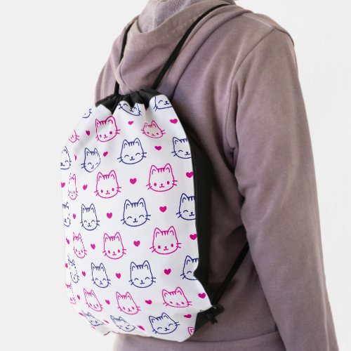 kawaii pattern cat faces with hearts teen girl drawstring bag