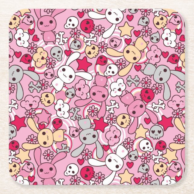 Kawaii pattern square paper coaster (Front)