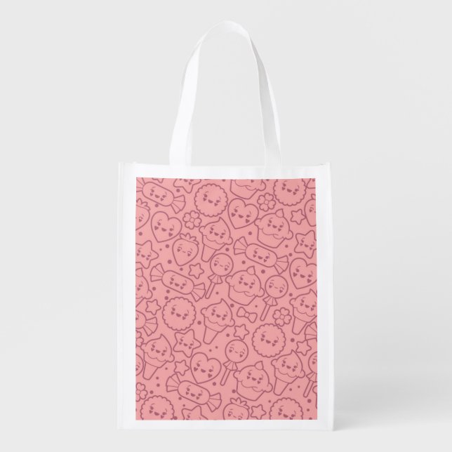 Kawaii pattern with cute cakes reusable grocery bag (Front)