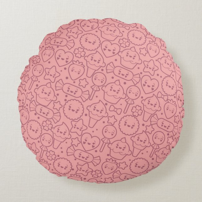 Kawaii pattern with cute cakes round pillow (Front)