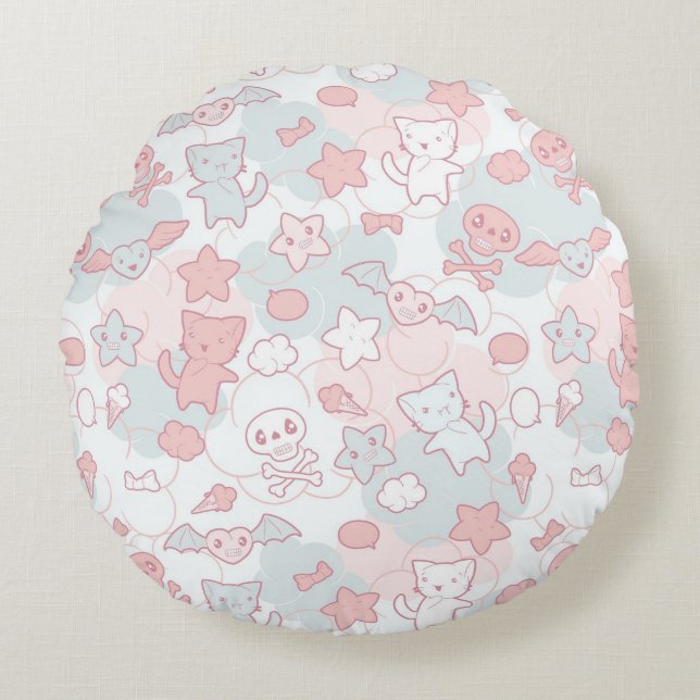 kawaii pattern with doodle round pillow (Front)