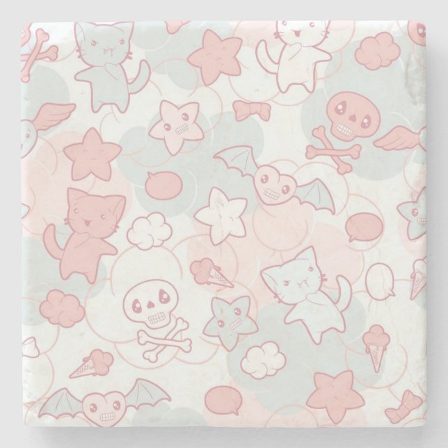 kawaii pattern with doodle stone coaster (Front)