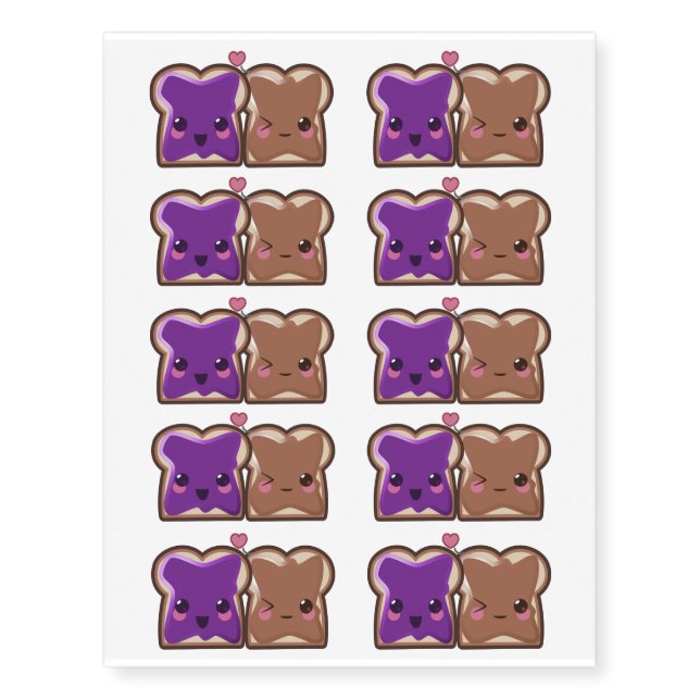 Kawaii Peanut Butter and Jelly Friends Temporary Tattoos (Front)