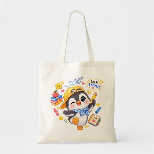 Kawaii Penguin Let's Learn School Tote Bag (Front)