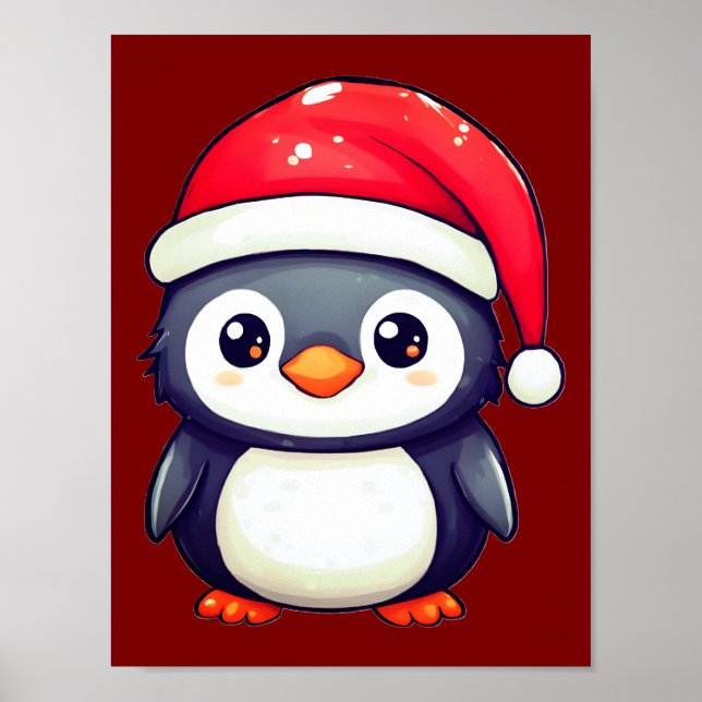 Kawaii Penguin Wearing a Cozy Santa Hat this Xmas! Poster (Front)