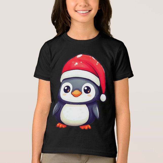 Kawaii Penguin Wearing a Cozy Santa Hat this Xmas! Tri-Blend Shirt (Front)