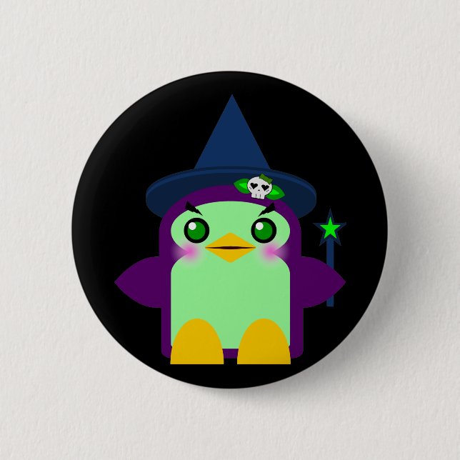 Kawaii Penguin Witch Pinback Button (Front)