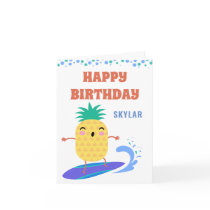 Kawaii Pineapple Surfer Happy Birthday Pool Party Card