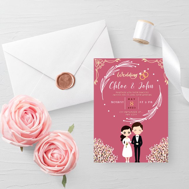 Kawaii Pink and Gold Theme Of Chibi Couple Wedding Invitation (Creator Uploaded)