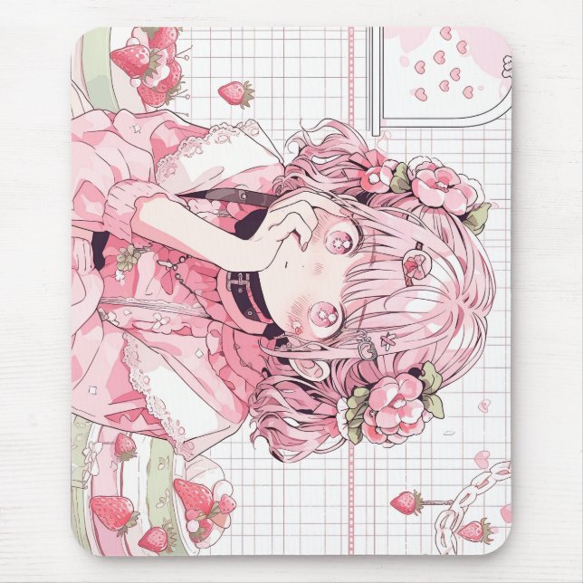 Kawaii Pink Cafe Anime Girl Mouse Pad (Front)