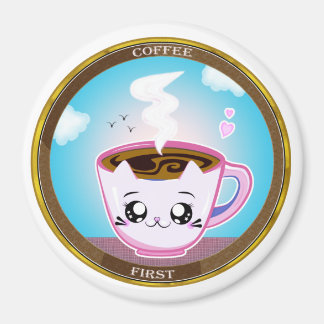 Kawaii pink cat Cup of coffee. Coffee first Magnet