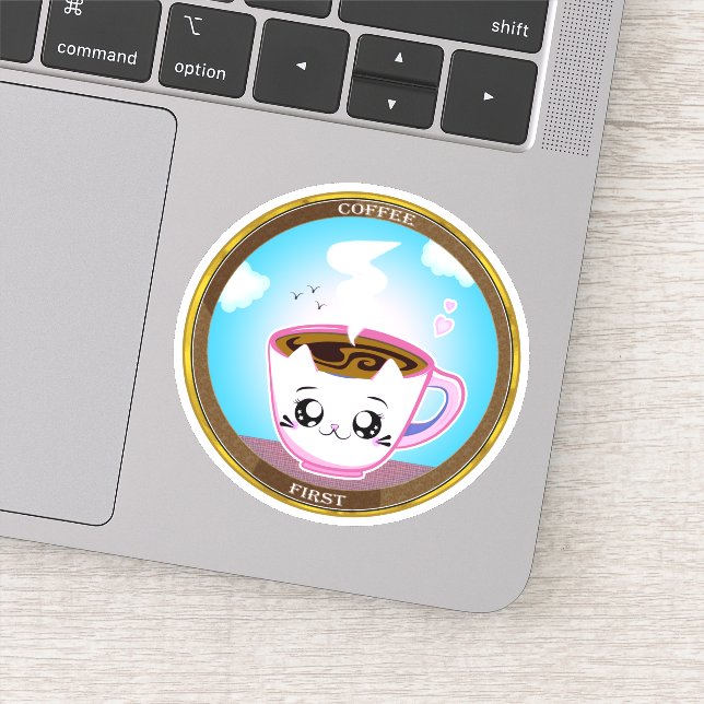 Kawaii pink cat Cup of coffee. Coffee first Sticker (Detail)