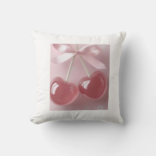 Kawaii Pink Cherries with Satin Bow – Illustration Throw Pillow