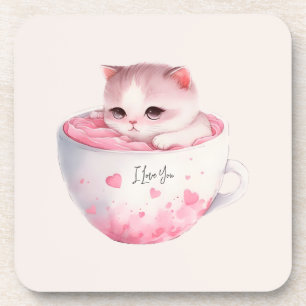 Kawaii Pink Chibi Cat With A Cute Crown Beverage Coaster