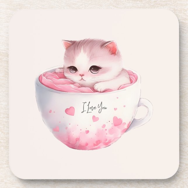 Kawaii Pink Chibi Cat With A Cute Crown Beverage Coaster (Front)