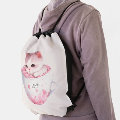 Kawaii Pink Chibi Cat With A Cute Crown Drawstring Bag