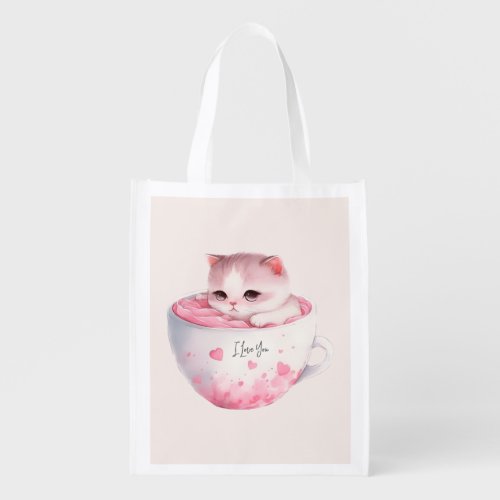 Kawaii Pink Chibi Cat With A Cute Crown Grocery Bag
