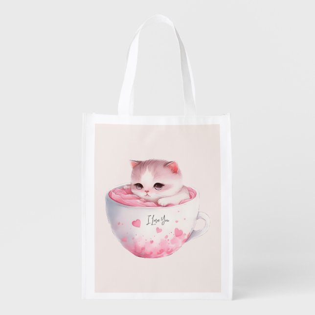Kawaii Pink Chibi Cat With A Cute Crown Grocery Bag (Front)