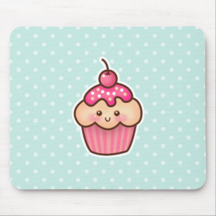 Kawaii Pink Cupcake and Cute Mint Blue Polka Dots Mouse Pad