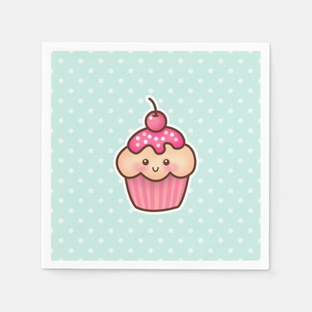 Kawaii Pink Cupcake and Cute Mint Blue Polka Dots Napkins (Front)