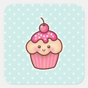 Kawaii Pink Cupcake and Cute Mint Blue Polka Dots Square Sticker