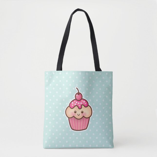 Kawaii Pink Cupcake and Cute Mint Blue Polka Dots Tote Bag (Front)