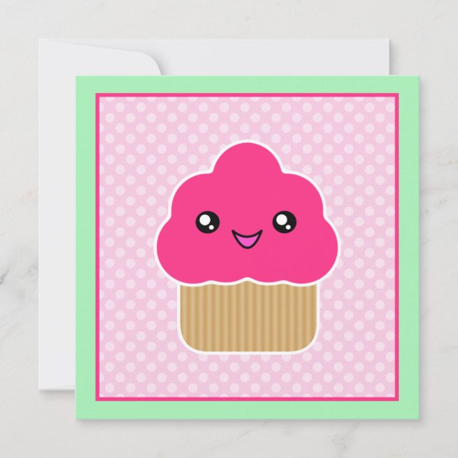 Kawaii Pink Cupcake Birthday Party Invitations (Front)