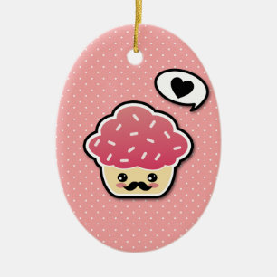 Kawaii Pink Cupcake with a Mustache Ceramic Ornament