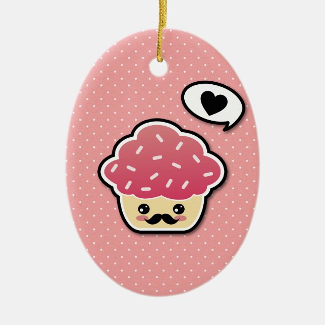 Kawaii Pink Cupcake with a Mustache Ceramic Ornament (Front)