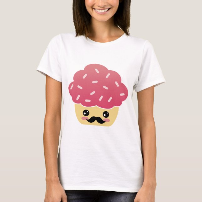 Kawaii Pink Cupcake with a Mustache T-Shirt (Front)