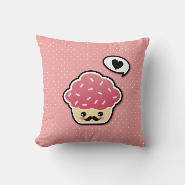 Kawaii Pink Cupcake with a Mustache Throw Pillow (Front)