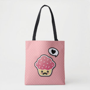 Kawaii Pink Cupcake with a Mustache Tote Bag