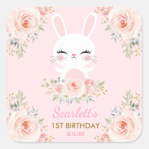Kawaii Pink Gold Bunny Birthday Party Favors Square Sticker