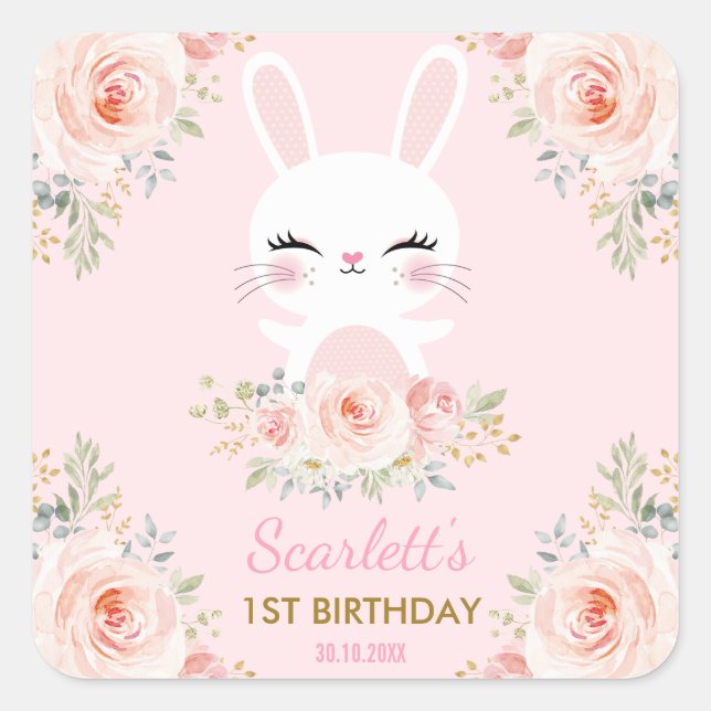 Kawaii Pink Gold Bunny Birthday Party Favors Square Sticker (Front)