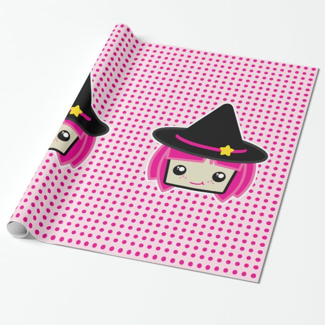 Kawaii Pink Haired Witch Gift Wrap (Unrolled)