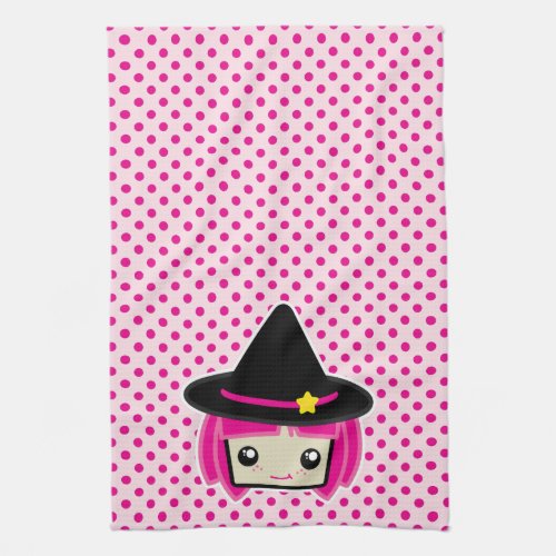 Kawaii Pink Haired Witch Kitchen Towel