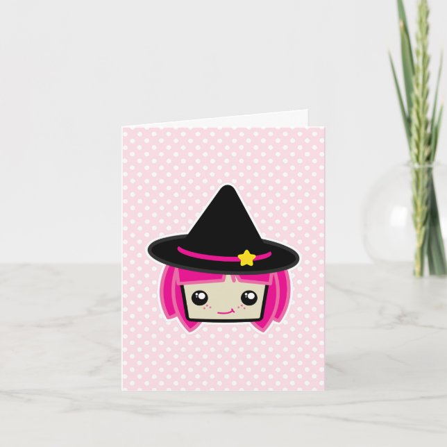 Kawaii Pink Haired Witch Note Card (Front)