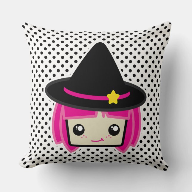 Kawaii Pink Haired Witch Throw Pillow (Front)