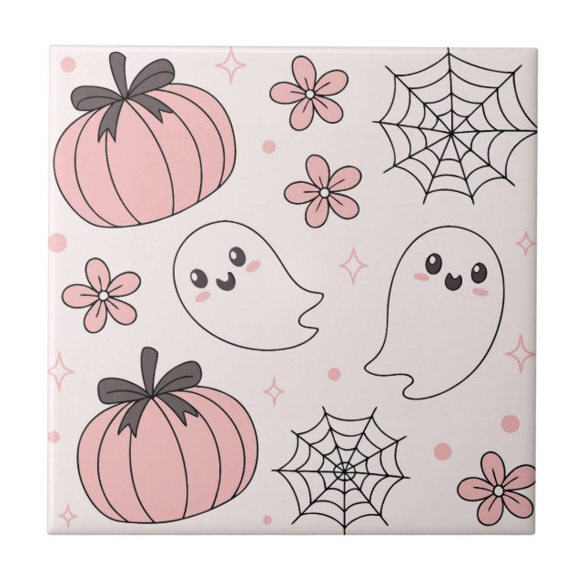 Kawaii Pink Halloween Ghosts & Pumpkins Ceramic Tile (Front)