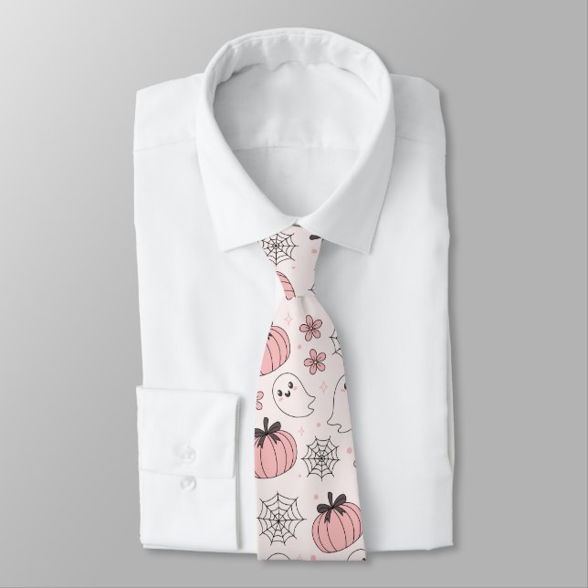 Kawaii Pink Halloween Ghosts & Pumpkins Neck Tie (Tied)