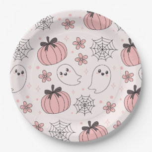 Kawaii Pink Halloween Ghosts & Pumpkins Paper Plates