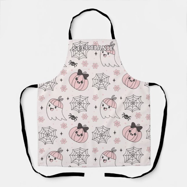 Kawaii Pink Halloween Pattern with Ghost, Pumpkin  Apron (Front)